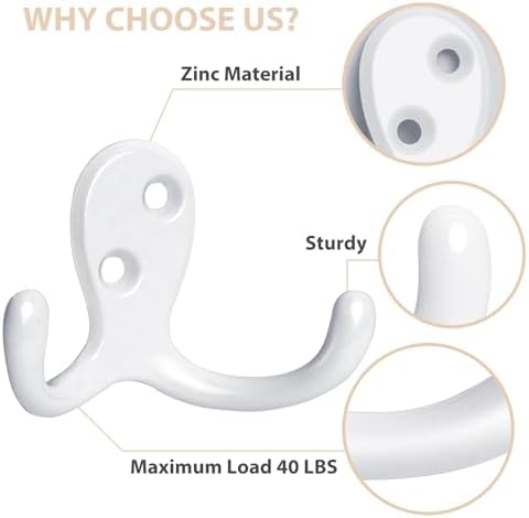 Homanu 34 Pack White Coat Hooks Wall Mounted Double Prong - Image 4