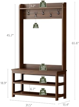 Hall Tree with Bench and Shoe Storage, 31.5” Coat Rack Entryway Organizer - Image 2