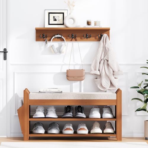 PETKABOO 31.5" Shoe Bench with Coat Rack Hidden Drawer and Side Holder - Image 7