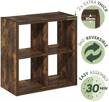 Furinno Cubicle 4-Cube Book Shelf, Extra Thick Frame Bookshelf, Amber Pine - Image 6