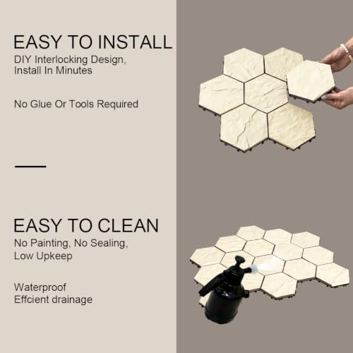 JJWOOD Hexagonal Stone-Look Interlocking Deck Tiles, Matte Rock Texture Outdoor - Image 6