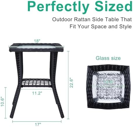 VINGLI Outdoor Side Table with Storage Wicker Patio Side Table, Tempered Glass - Image 3