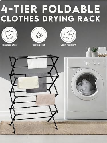 ZOES HOMEWARE 4-Tier Clothes Drying Rack, 4ft High Foldable Drying Rack Clothing - Image 2