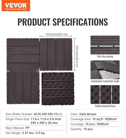 VEVOR 10 sq. ft Plastic Interlocking Deck Tiles, 10 Pack, Patio Floor Decking - Image 7
