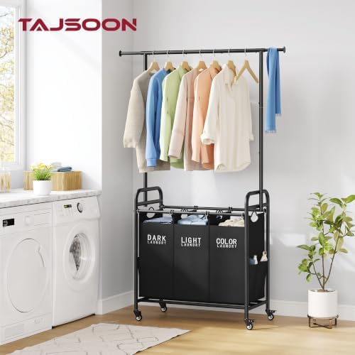 Tajsoon Laundry Sorter with Hanging Bar, 3 Section Laundry Hamper - Image 2
