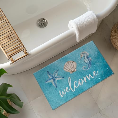 Jvpke Blue Beach Welcome Mat for Front Door, Beach Door Mat, Starfish Seashell - Image 6