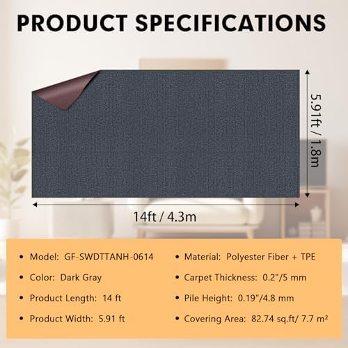 Grefinity Marine Carpet, 5.9 FT x 14.1 FT Dark Gray Indoor Outdoor Carpet - Image 2