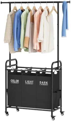 Tajsoon Laundry Sorter with Hanging Bar, 3 Section Laundry Hamper by Tajsoon