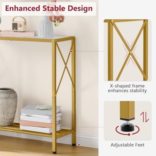 Tajsoon Entryway Table 28.3''L, 2 Tier Narrow Console Table Gold & White - Image 5