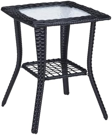 VINGLI Outdoor Side Table with Storage Wicker Patio Side Table, Tempered Glass by VINGLI