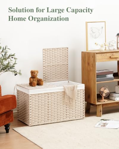 SETVSON Storage Basket with Lid 160L Wicker Baskets Storage Light Khaki - Image 4