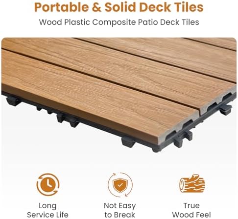 9PCS Teak 12"x12" WPC Composite Deck Tiles, Snap Together Interlocking Flooring - Image 3