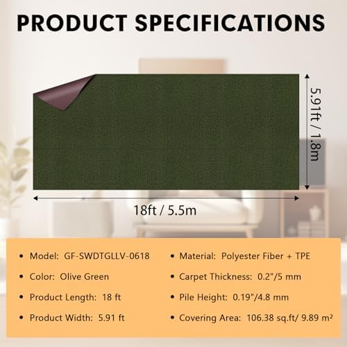 Grefinity Marine Carpet, 6 FT x 18 FT Olive Green Indoor Outdoor Carpet - Image 2