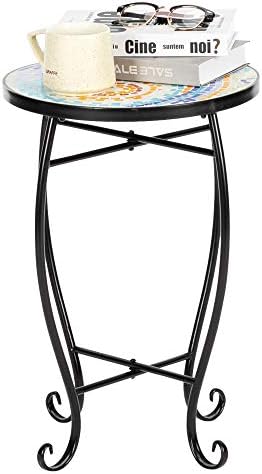 Mosaic Outdoor Side Table, 14inch Round Small Patio Accent Table Ottoman Mosaic - Image 5