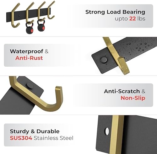 Coat Rack Wall Mount – Black and Gold Hook Rail - Image 3