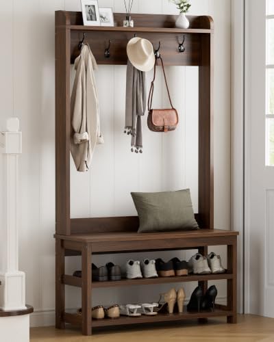 Hall Tree with Bench and Shoe Storage, 31.5” Coat Rack Entryway Organizer - Image 6