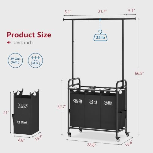 Tajsoon Laundry Sorter with Hanging Bar, 3 Section Laundry Hamper - Image 7