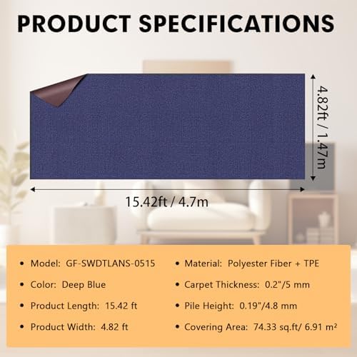 Grefinity Marine Carpet, 5 FT x 15 FT Deep Blue Indoor Outdoor Carpet - Image 2