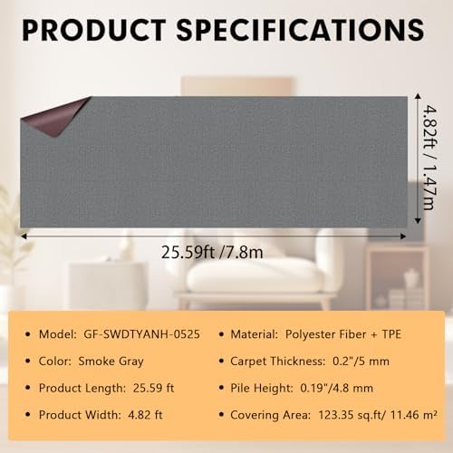 Grefinity Marine Carpet, 5 FT x 25 FT Smoke Gray Indoor Outdoor Carpet - Image 2