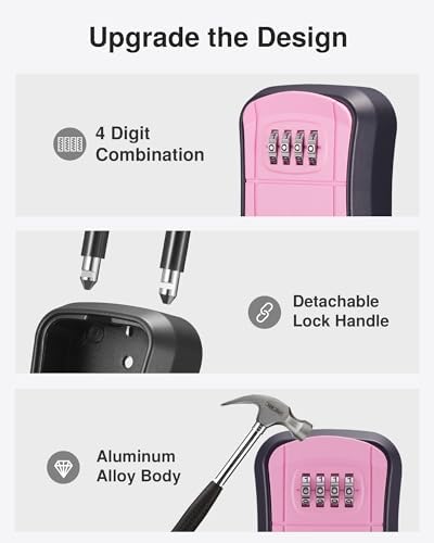 Puroma Key Lock Box Outdoor 4 Digit Code Combination Lockbox House, 1 Pink - Image 4