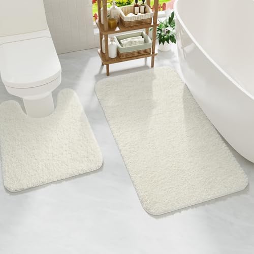 Ivory Bathroom Rug Set 2 Piece Bath Mat 21x34'' &U Shape Toilet Rug 21x21'' by Homore