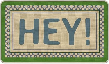 Hey Welcome Front Door Mat, Vintage Green Checkered Border by Livcoz