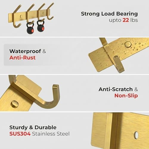 Brushed Gold Wall Mounted Coat Rack – 12 Inch Stainless Steel Rail - Image 3
