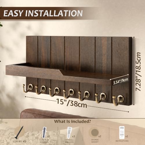Rebee Vision Acacia Wood Key Holder Wall Mount, Shelf & Hooks, Dark Brown - Image 2