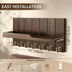 Rebee Vision Acacia Wood Key Holder Wall Mount, Shelf & Hooks, Dark Brown - Image 2