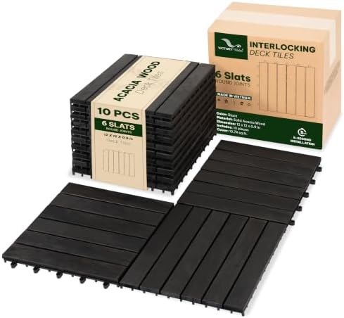 Acacia Interlocking Deck Tiles, 6 Slats, Ebony Black by VICTORYRELAX
