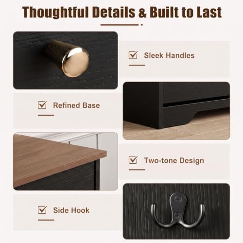 Nicetree 3 Flip‑Drawer Shoe Cabinet, Walnut Top, 9.5" Deep, Light Black - Image 6