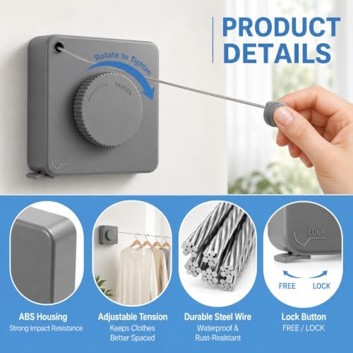 Retractable Clothesline, 15.7 FT Steel Wire, Adjustable Tension, Quick Lock - Image 6
