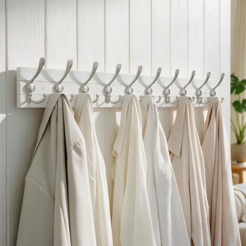 SKOLOO Matte White Solid Wood Wall Mounted Coat Rack, 10 Hooks, 38.6" Long - Image 3