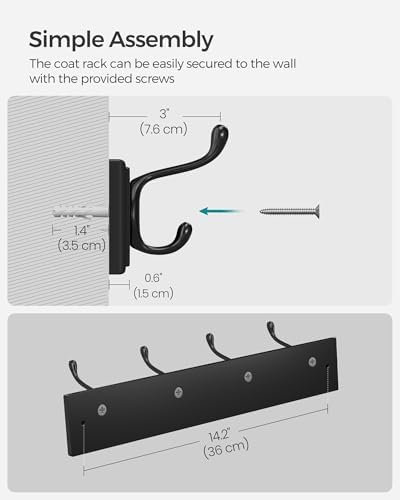 SONGMICS Wall-Mounted Coat Rack, 4 Dual Metal Hooks - Image 7