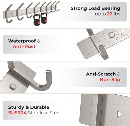 Coat Rack Wall Mount – Brushed Nickel 24 Inch Stainless Steel Hook Rail - Image 4