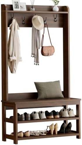 Hall Tree with Bench and Shoe Storage, 31.5” Coat Rack Entryway Organizer by Lulive