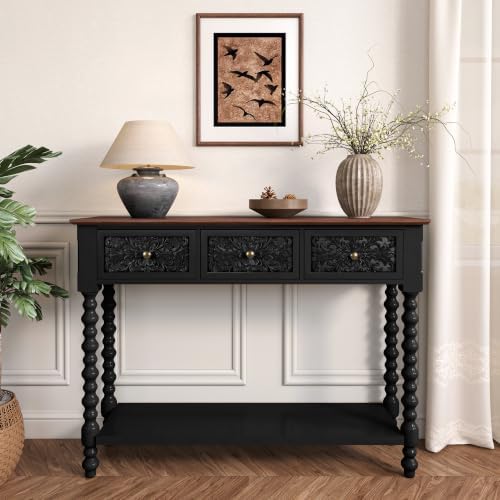 Console Table with 3 Vintage Carved Drawers by MeetSurmorn