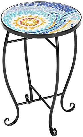 Mosaic Outdoor Side Table, 14inch Round Small Patio Accent Table Ottoman Mosaic by Shyneer