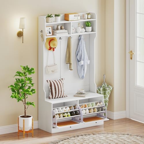 GIANTEX 4-In-1 Hall Tree with Bench and Shoe Storage, Entryway Bench with Coat by Giantex