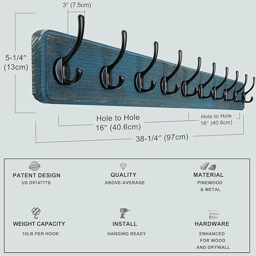 Dseap Coat Rack Wall: 38-1/4" Long, Heavy-Duty, 10-Double-Hooks Wooden Wall - Image 4