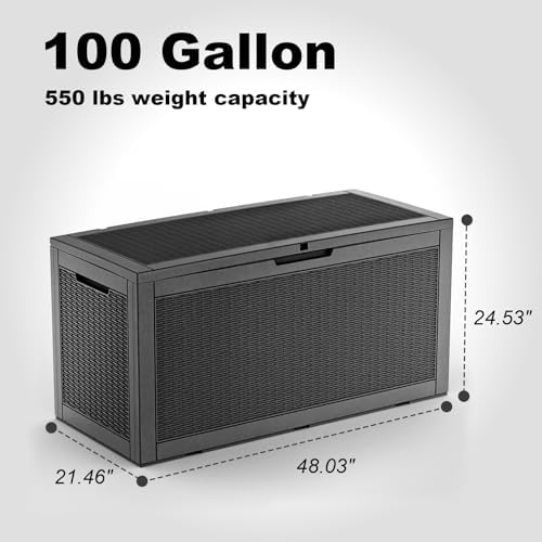 PatioZen 100 Gallon Deck Box Lockable Waterproof Outdoor Storage Black - Image 2