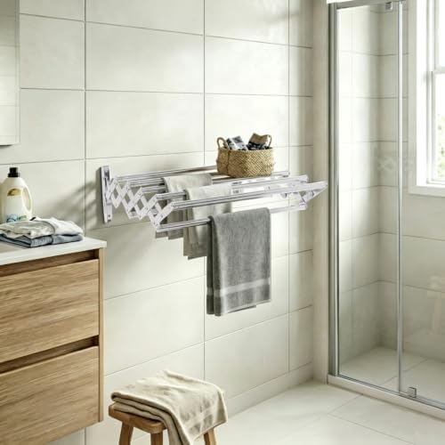 Retractable Wall Clothes Rack, Wall-Mounted Accordion Laundry Rack Silver - Image 4