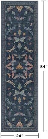 2x7 Navy Blue Runner Rug, Washable Vintage Insect Carpet - Image 2
