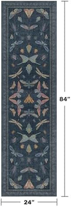 2x7 Navy Blue Runner Rug, Washable Vintage Insect Carpet - Image 2
