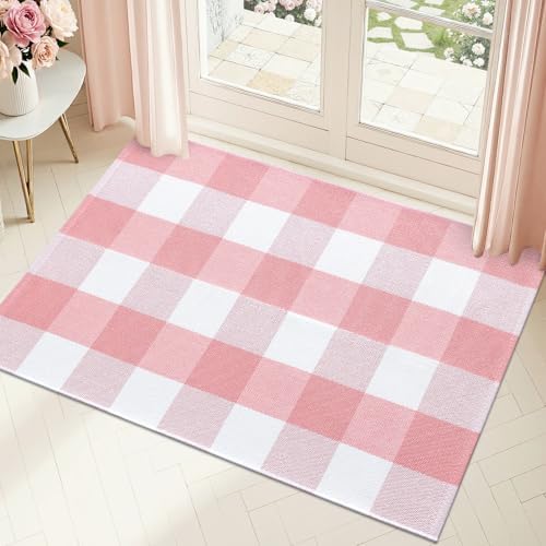 OLANLY Buffalo Plaid Rug 2'4" x 3'7" – Pink and White Cotton Checkered Doormat - Image 3