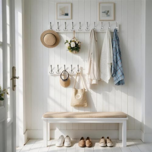 SKOLOO Matte White Solid Wood Wall Mounted Coat Rack, 10 Hooks, 38.6" Long - Image 2