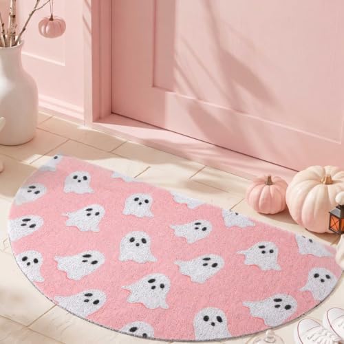 Tinideya Halloween Ghost Doormat Pink Semicircle Welcome Mat 27.56'' - Image 5