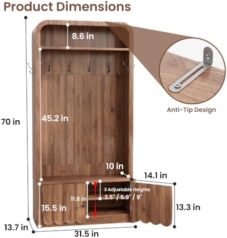 Narrow Hall Tree with Bench and Shoe Storage, Arched Mudroom Bench with Storage - Image 2