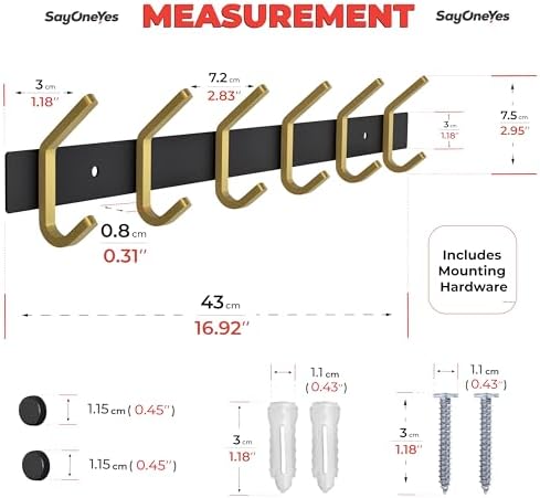 Coat Rack Wall Mount – Black and Gold Hook Rail - Image 2