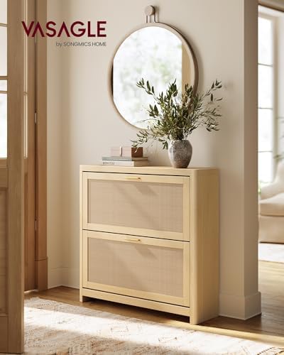 VASAGLE Boho Shoe Storage Cabinet, Rattan-Look Flip Drawers - Image 3